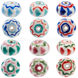 18Pcs 6 Colors Handmade Porcelain Beads, Hand Painted Ceramic Beads, Rondelle, Famille Rose Porcelain, Mixed Color, 14.5~15x10.5~11mm, Hole: 1.8~2mm, 3pcs/color(PORC-PA0001-31)