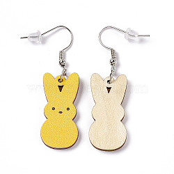 Rabbit Wooden Dangle Earrings, Platinum Tone Iron Earring with Ear Nut for Women, Gold, 52mm, Pin: 0.7mm, Pendant: 31x14.5x2.7mm(EJEW-D189-01A)