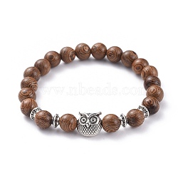 Unisex Stretch Bracelets, with Tibetan Style Alloy Beads and Wood Beads, Owl, Antique Silver, 2-1/8 inch(5.5cm)(BJEW-JB04705-06)