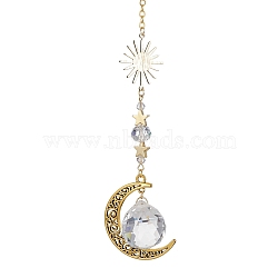 Alloy Hollow Moon Hanging Ornaments, with Brass Star Beads and Glass Round Charm for Home Outdoor Decorations, Golden, 191mm(HJEW-JM01668)