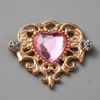 Acrylic Pendants, with Golden Tone Alloy Rhinestone Finding, Heart Charm, Pink, 21.5x25x4mm, Hole: 2.4x2.3mm