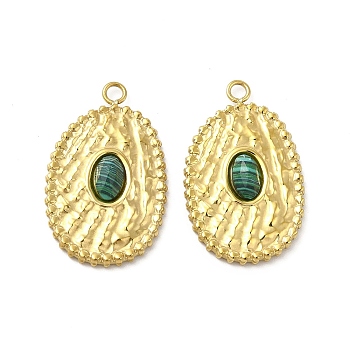 Natural Malachite Pendants, Faceted Oval Charms, with Vacuum Plating Real 18K Gold Plated 201 Stainless Steel Findings, 23.5x15x3mm, Hole: 1.6mm