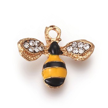 Alloy Enamel Pendants, with Rhinestone, Bees, Colorful, Crystal, Light Gold, 14x17x4mm, Hole: 1.8mm