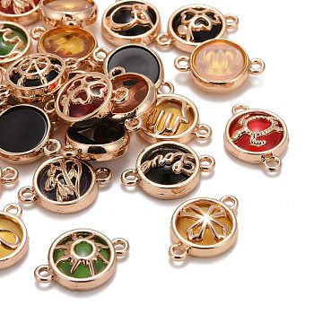 Glass Links Connectors, with Light Gold Plated Alloy Findings, Flat Round, Mixed Color, 13.5x19.5x5.5mm, Hole: 1.6mm