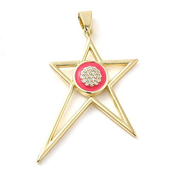 Real 18K Gold Plated Brass Clear Cubic Zirconia Pendants, with Enamel, Star, Deep Pink, 40x29x3.5mm, Hole: 6.5x3.7mm