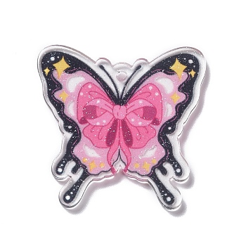Transparent Acrylic Pendants, Butterfly, Hot Pink, 36~36.5x38x2~2.5mm, Hole: 2mm