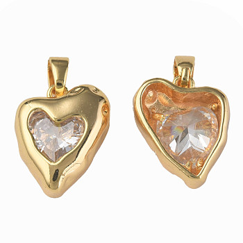 Brass Micro Pave Clear Cubic Zirconia Charms, with Brass Snap on Bails, Nickel Free, Heart, Real 18K Gold Plated, 15x12.5x5mm, Hole: 1.5mm