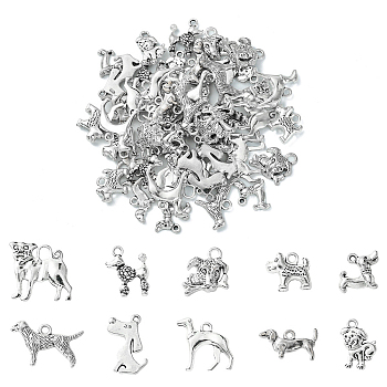 50Pcs 10 Styles Tibetan Style Alloy Dog Charms, Antique Silver, 10.5~24.5x11.5~23.5x2~4.5mm, Hole: 1.5~3x1.5~4mm, 5pcs/style