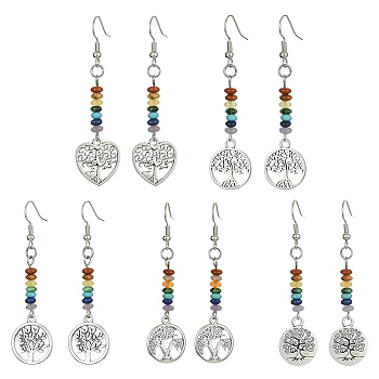 Alloy Tree of Life Dangle Earrings, Synthetic & Natural Mixed Gemstone Beaded Long Drop Earrings for Women, Mixed Shapes, 62~63x15~16.5mm