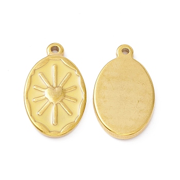 Enamel Pendants, with Golden Plated 304 Stainless Steel Findings, Oval with Sun, Champagne Yellow, 23.5x14x2.5mm, Hole: 1.6mm