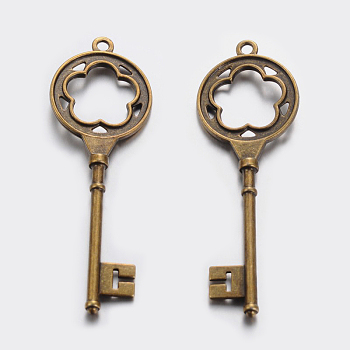 Tibetan Style Alloy Big Pendants, Skeleton Key, Lead Free & Cadmium Free, Antique Bronze, 77x26x3mm, Hole: 3mm