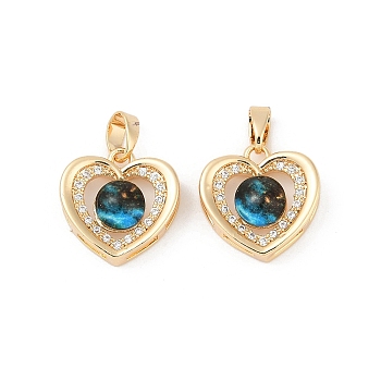 Brass Micro Pave Cubic Zirconia Pendants, Heart Charms, with Resin, Lead Free & Cadmium Free, Real 18K Gold Plated, Rack Plating, Deep Sky Blue, 14x13x5.5mm, Hole: 5x3mm