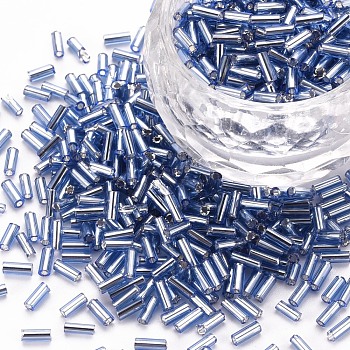 Plated Glass Bugle Beads, Metallic Colours, Cornflower Blue, 4x2mm, Hole: 1mm, about 14000pcs/Pound
