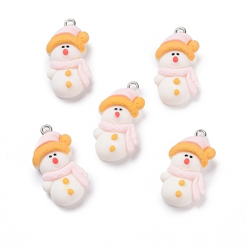 Opaque Resin Pendants, with Platinum Tone Iron Loops, Snowman, White, 29x15x8mm, Hole: 2mm