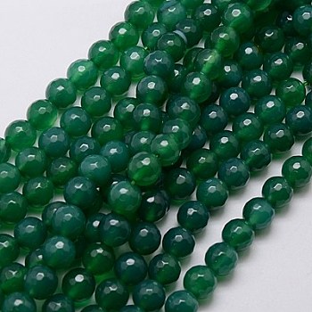 Natural Agate Beads Strands, Green Onyx, Faceted, Dyed, Round, Sea Green, 8mm, Hole: 1mm, about 48pcs/strand, 15 inch