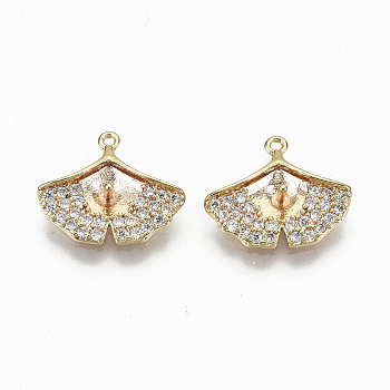 Brass Micro Pave Clear Cubic Zirconia Peg Bails Charms, for Half Drilled Beads, Nickel Free, Real 18K Gold Plated, Ginkgo Leaf, Clear, 11x13x3mm, Hole: 0.8mm, Pin: 0.8mm