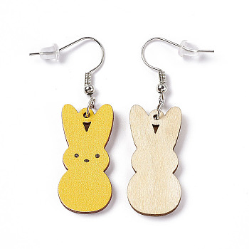 Rabbit Wooden Dangle Earrings, Platinum Tone Iron Earring with Ear Nut for Women, Gold, 52mm, Pin: 0.7mm, Pendant: 31x14.5x2.7mm