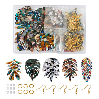 DIY Monstera Leaf Dangle Earring Making Kits, Including Cellulose Acetate(Resin) Pendants, Brass Earring Hooks, Mixed Color, 90Pcs/box