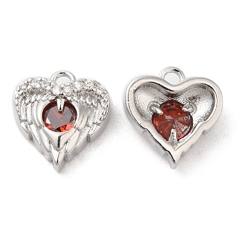 Brass & Glass & Cubic Zirconia Charms, Heart Wing Charm, Real Platinum Plated, Orange Red, 11x10.5x4mm, Hole: 1.2mm