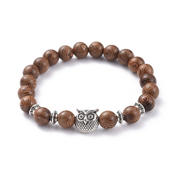 Unisex Stretch Bracelets, with Tibetan Style Alloy Beads and Wood Beads, Owl, Antique Silver, 2-1/8 inch(5.5cm)