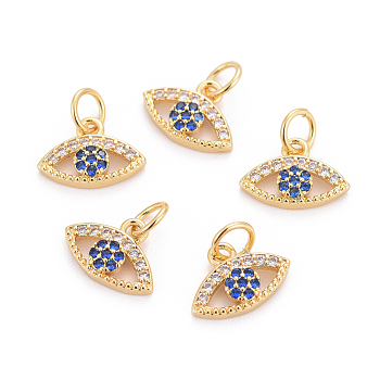 Brass Micro Pave Cubic Zirconia Charms, with Jump Rings, Evil Eye, Colorful, Golden, 7x12x3mm, Hole: 3mm