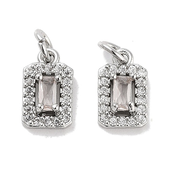 Brass Micro Pave Cubic Zirconia Charms, with Jump Ring, Rectangle, Platinum, Clear, 10x6x3.5mm, Hole: 2.5mm