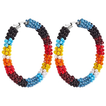 Boho Glass Seed Beaded Big Huggie Hoop Earrings for Women, Colorful, 65mm, Pin: 0.7x1mm