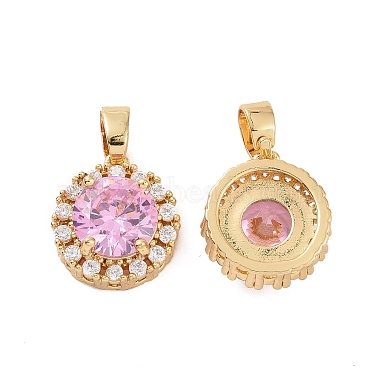 Real 18K Gold Plated Pink Flat Round Brass+Cubic Zirconia Charms