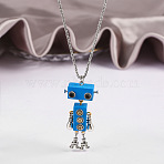 Alloy & Wood Robot Pendant Necklaces, Brass Box Chain Necklaces, Platinum, Deep Sky Blue, 23.62 inch(60cm)(FS-WGB43E5-03)