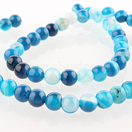 Natural Striped Agate/Banded Agate Round Bead Strands, Dyed, Deep Sky Blue, 6mm, Hole: 1mm, about 63pcs/strand, 15.35 inch(G-E232-11)