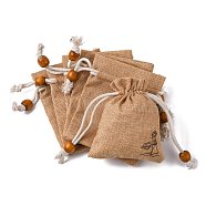 Burlap Packing Pouches, Drawstring Bags, with Wood Beads, Bisque, 10~10.1x8.2~8.3cm(ABAG-L006-A-01)