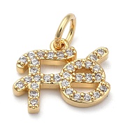 Brass Micro Pave Clear Cubic Zirconia Charms, Long-Lasting Plated, with Jump Rings, Word Fe, Real 18K Gold Plated, 10x13x2mm, Jump Ring: 5x1mm, inner diameter: 3mm(X-ZIRC-A013-24G)