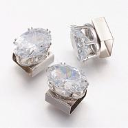 Brass Slide Charms, with Micro Pave Cubic Zirconia, Oval, Platinum, 15x10.5x12.5mm, Hole: 4.5x10mm(KK-F679-05P)