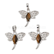 Rack Plating Brass Pendants, with Natural Tiger Eye Dragonfly Charms, Platinum, 30x30.5x6mm, Hole: 8x5mm(G-Z033-09P-01)