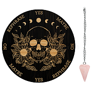 AHADEMAKER 1Pc Wood Pendulum Board, 1Pc 304 Stainless Steel Cable Chain Necklaces, 1Pc Natural Rose Quartz Stone Pendants, for Witchcraft Wiccan Altar Supplies, Skull Pattern, Board: 200x4mm(DIY-GA0005-14E)