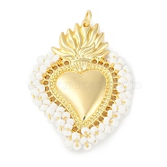 Brass Measle Pendants, Hand Woven Hearts, with Jump Ring, Real 18K Gold Plated, White, 53x40x6mm, Hole: 5mm(KK-S390-01G-04)