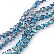 Electroplate Glass Beads Strands, Full Rainbow Plated, Faceted, Hexagon, Dodger Blue, 5x6x4mm, Hole: 1.2mm, about 99pcs/strand, 19.2 inch(49cm)(EGLA-F143-FR01)