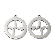 201 Stainless Steel Pendants, Flat Round with Heartbeat Charm, Stainless Steel Color, 25.5x23x1mm, Hole: 1.5mm(STAS-Q216-05P)