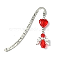 Glass Bead Heart Angel Bookmarks, Tibetan Style Alloy Hook Bookmarks, Red, 83x15mm(AJEW-JK00276-03)
