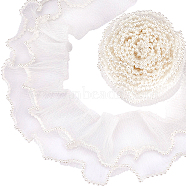 2 Layer Polyester Pleated Lace Trim, with Plastic Beads Lace Ribbon for Garment Accessories, White, 3-1/8 inch(80mm)(OCOR-WH0088-46A)