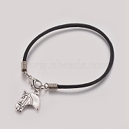 Unisex Charm Bracelets, with Cowhide Leather Cord, Tibetan Style Alloy Pendants and Lobster Claw Clasps, Horse, Black, 7-1/4 inch~7-1/2 inch(18.5~19cm)(BJEW-JB04753-07)