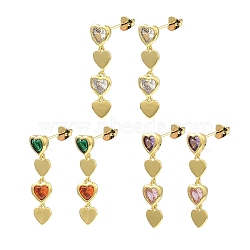 Cubic Zirconia Heart Dangle Stud Earrings, Real 18K Gold Plated Brass Drop Earrings, Lead Free & Cadmium Free, Mixed Color, 31x8mm(EJEW-D069-01G)