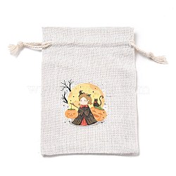 Halloween Cotton Cloth Storage Pouches, Rectangle Drawstring Bags, for Candy Gift Bags, Girl Pattern, 13.8x10x0.1cm(ABAG-M004-01B)