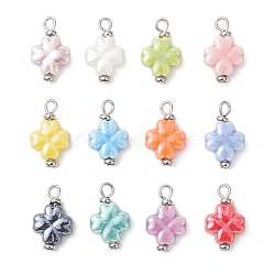 Handmade Porcelain Pendants, Four Leaf Clover Charms, Bright Glazed Porcelain, Platinum, 19~19.5x11.5~12x5.5mm, Hole: 2.5mm(PALLOY-JF04796-02)
