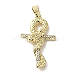 Brass Micro Pave Clear Cubic Zirconia Pendant, Cross with Snake, Real 18K Gold Plated, 36.5x21x5mm, Hole: 7x3.5mm(KK-R162-031G)