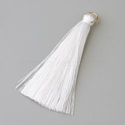 Nylon Thread Tassel Big Pendants Decoration, with Brass Findings, Golden, White, 63~66x7mm, Hole: 7mm(FIND-Q065-A25)