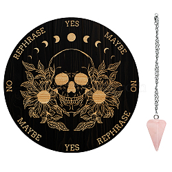 AHADEMAKER 1Pc Wood Pendulum Board, 1Pc 304 Stainless Steel Cable Chain Necklaces, 1Pc Natural Rose Quartz Stone Pendants, for Witchcraft Wiccan Altar Supplies, Skull Pattern, Board: 200x4mm(DIY-GA0005-14E)
