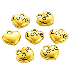 Valentine's Day Theme, Tibetan Style Alloy Charms, Heart with Word Love, Antique Golden, 8x8x3mm, Hole: 1mm(VALE-PW0001-003AG)