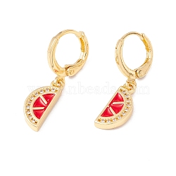 Enamel Watermelon Dangle Leverback Earrings with Clear Cubic Zirconia, Real 18K Gold Plated Brass Drop Earrings, Lead Free & Cadmium Free, Red, 28.5mm, Pin: 0.8x1mm(EJEW-F282-08G)