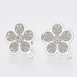 304 Stainless Steel Stud Earring Findings, with Loop, Flower, Stainless Steel Color, 18x15.5mm, Hole: 1mm, pin: 0.7mm(STAS-S079-38B)